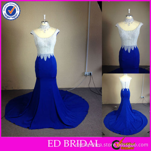 NC922 2014 New Designer Stunning Beaded Corset Royal Blue High Neck Evening Dress